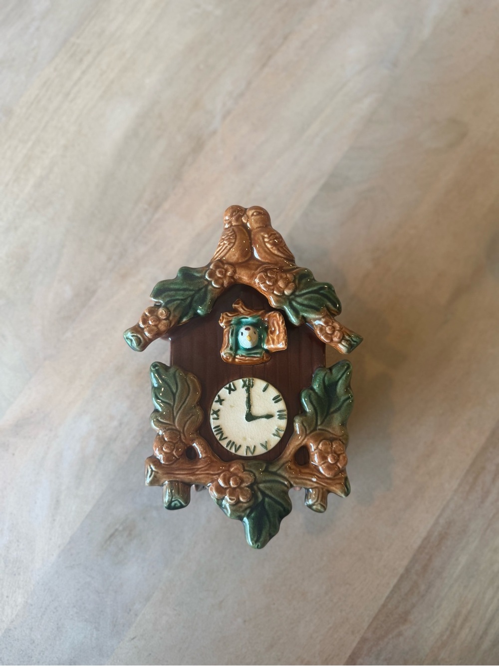 Vintage Ceramic Cuckoo Clock Wall Pocket Planter- in Brown, Green & Gold